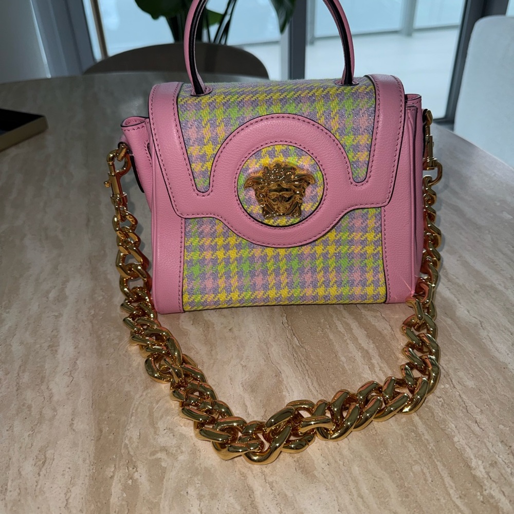Versace Mini Bag in Pink and Yellow with Gold Chain